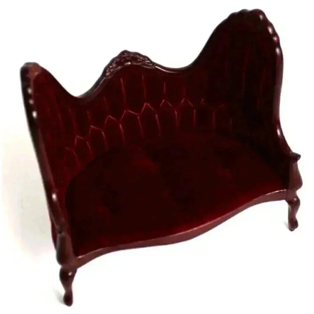 Vtg Dollhouse Miniature Victorian Red Velvet Mahogany Sofa Loveseat 1:12 Scale